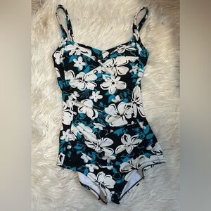 Elegant Floral One Piece Swimsuit - Black and Blue